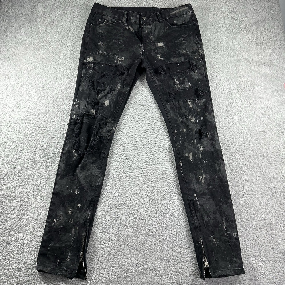 MNML Jeans Mens 33x31‎ Black Skinny Paint Splatter Art Artist Grunge Emo Street